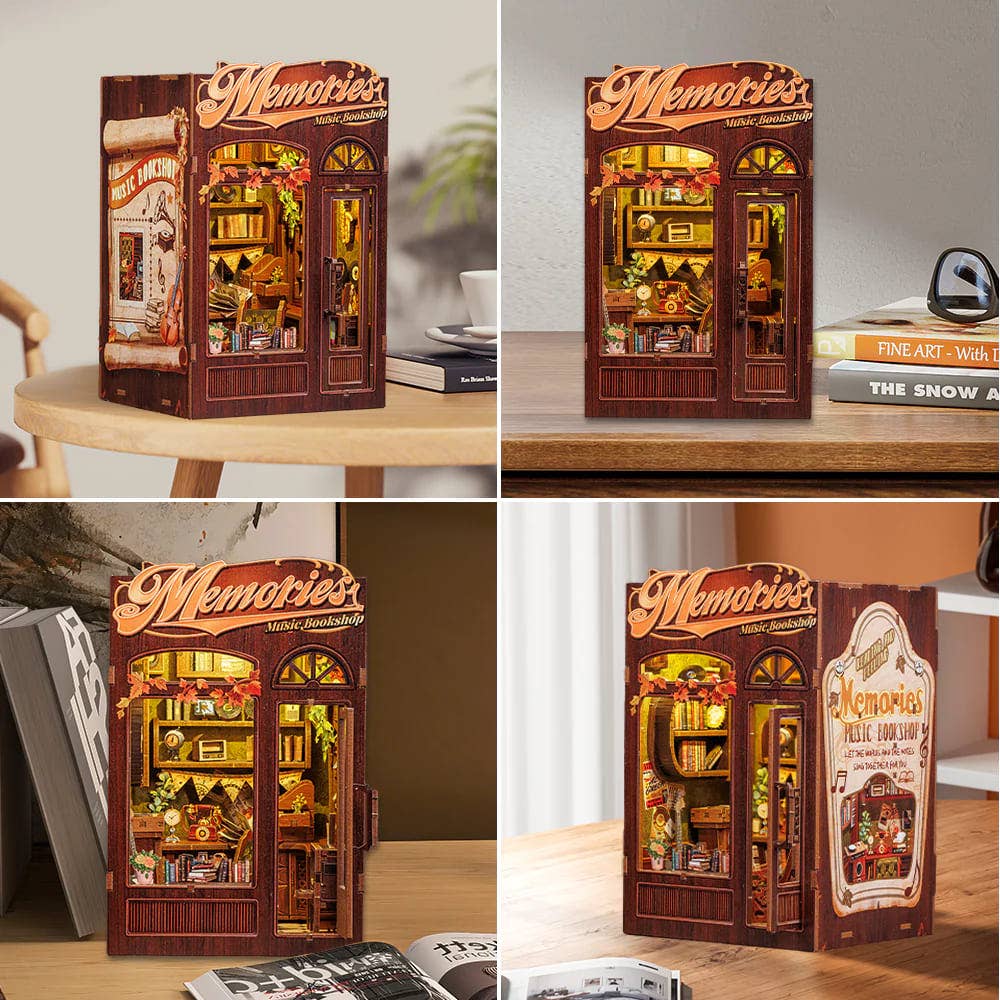 Fermalibri in legno Memories Music Bookshop con luci LED da assemblare