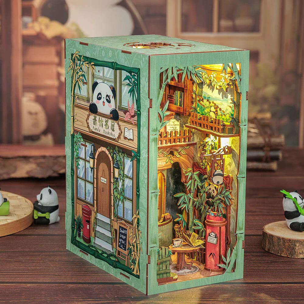 Fermalibri in legno da montare Panda Bookshop con illuminazione LED - CUTEBEE