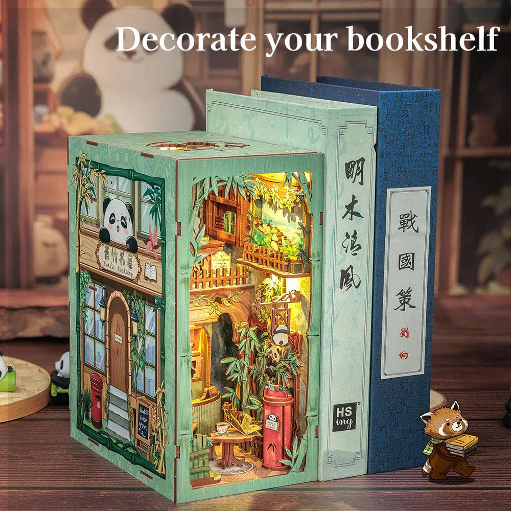 Fermalibri in legno da montare Panda Bookshop con illuminazione LED - CUTEBEE