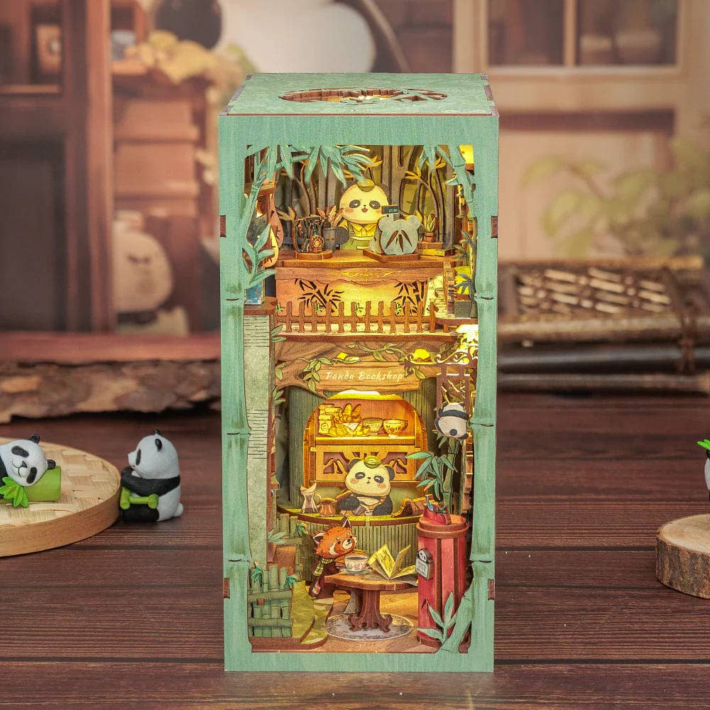 Fermalibri in legno da montare Panda Bookshop con illuminazione LED - CUTEBEE