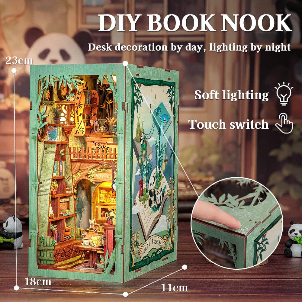Fermalibri in legno da montare Panda Bookshop con illuminazione LED - CUTEBEE