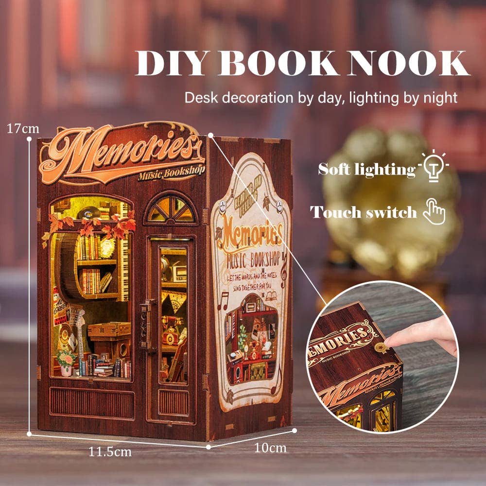 Fermalibri in legno Memories Music Bookshop con luci LED da assemblare