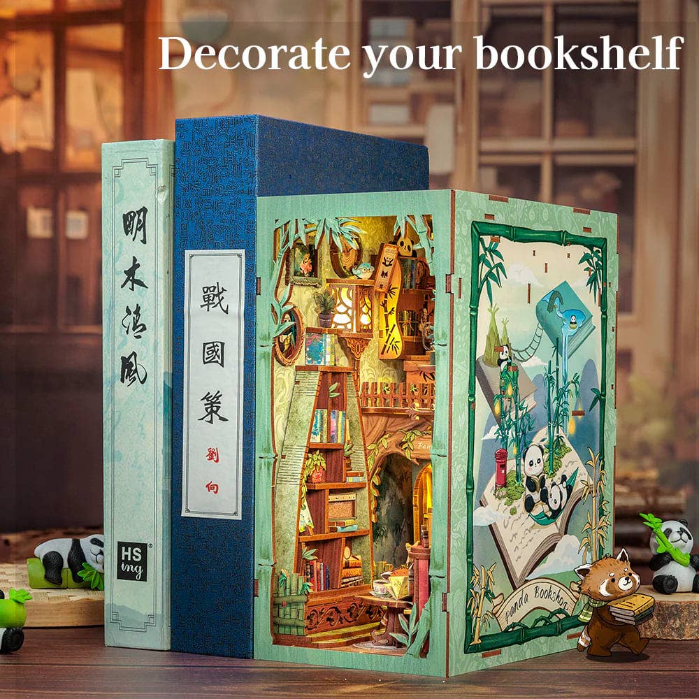 Fermalibri in legno da montare Panda Bookshop con illuminazione LED - CUTEBEE
