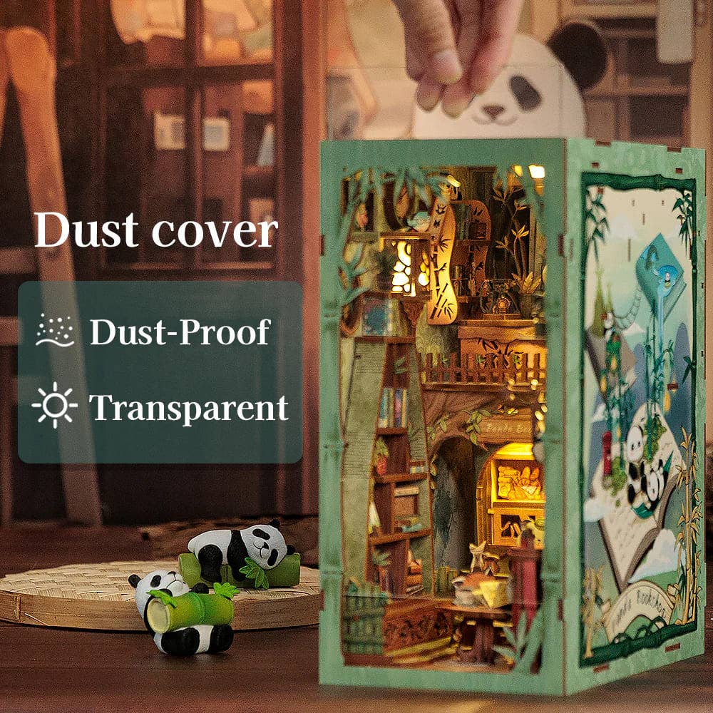 Fermalibri in legno da montare Panda Bookshop con illuminazione LED - CUTEBEE