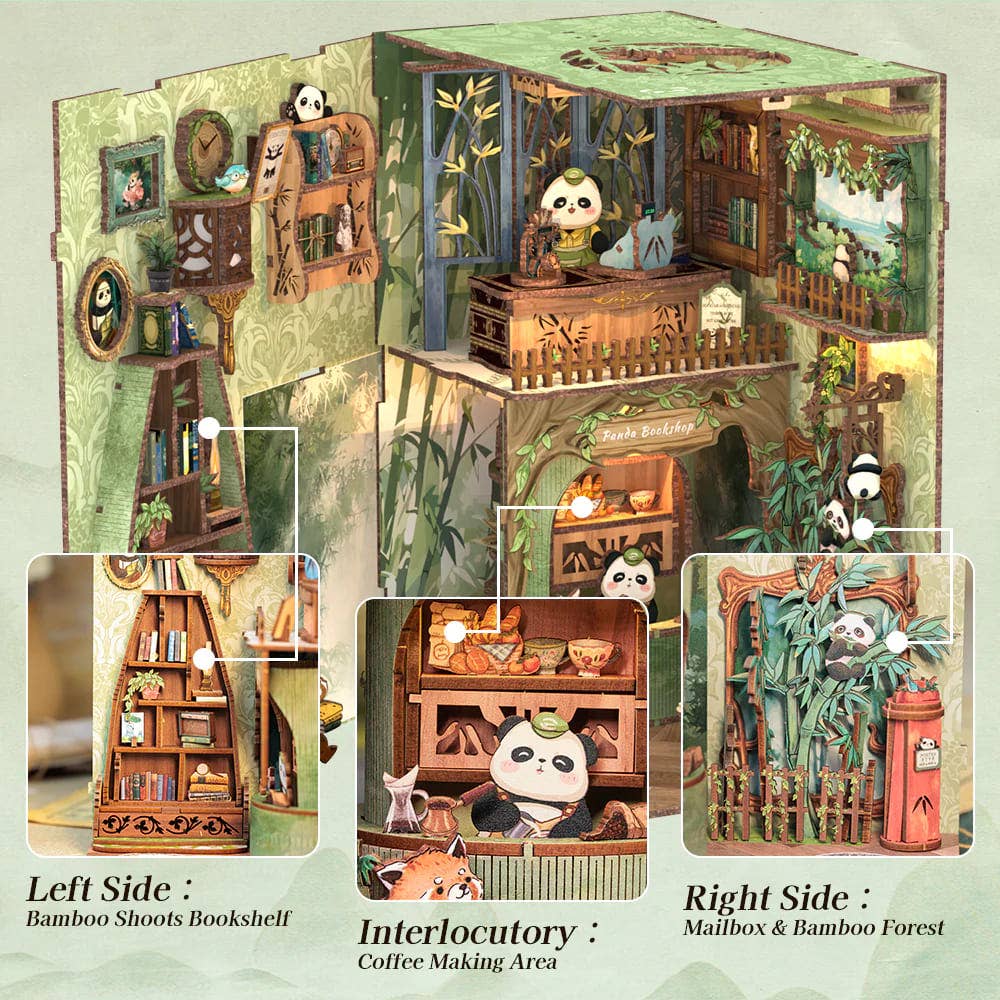 Fermalibri in legno da montare Panda Bookshop con illuminazione LED - CUTEBEE