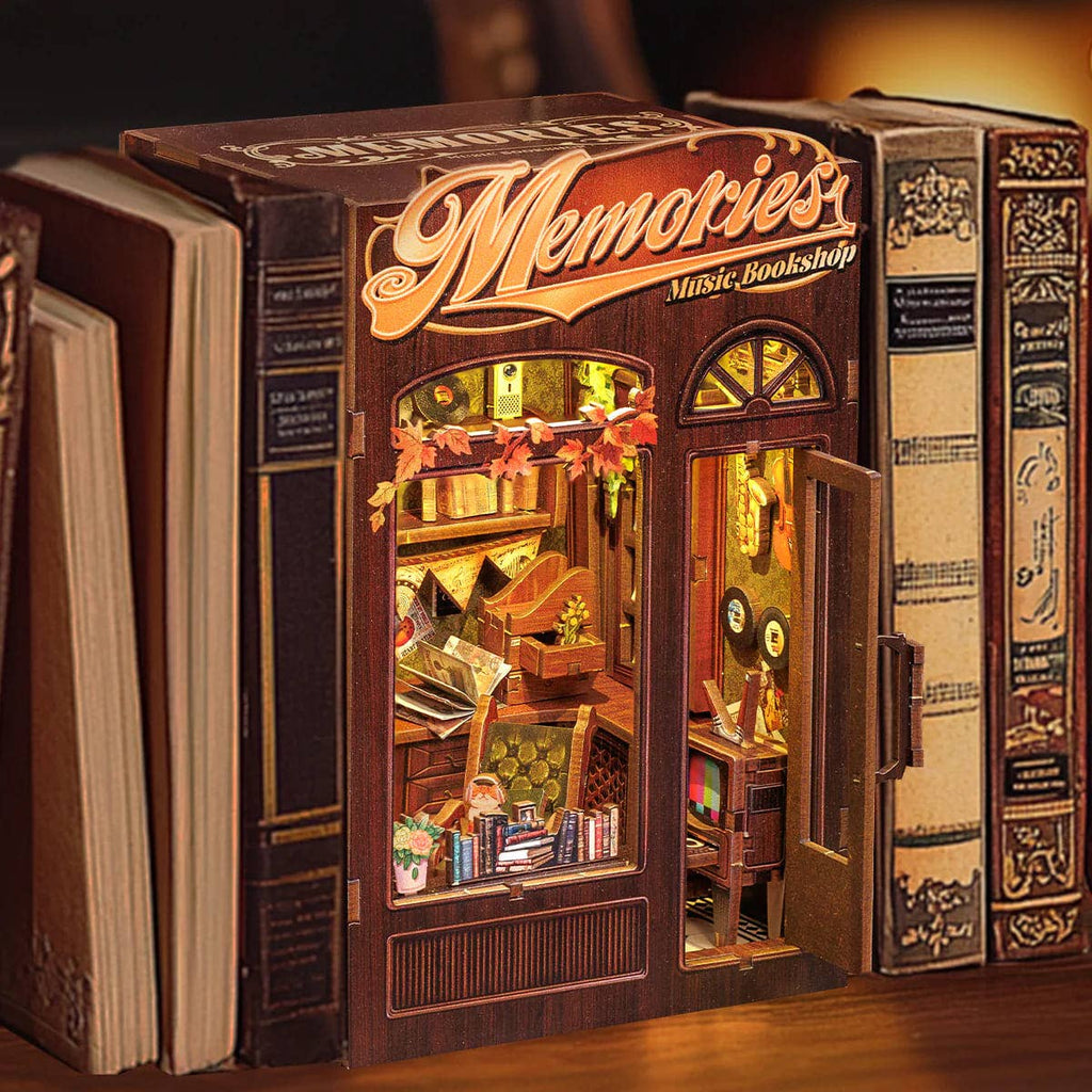 Fermalibri in legno Memories Music Bookshop con luci LED da assemblare