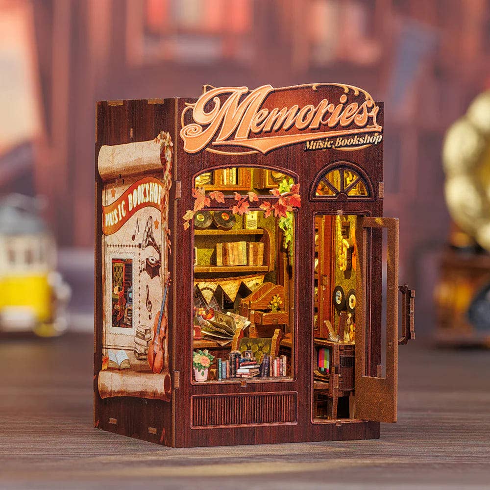 Fermalibri in legno Memories Music Bookshop con luci LED da assemblare