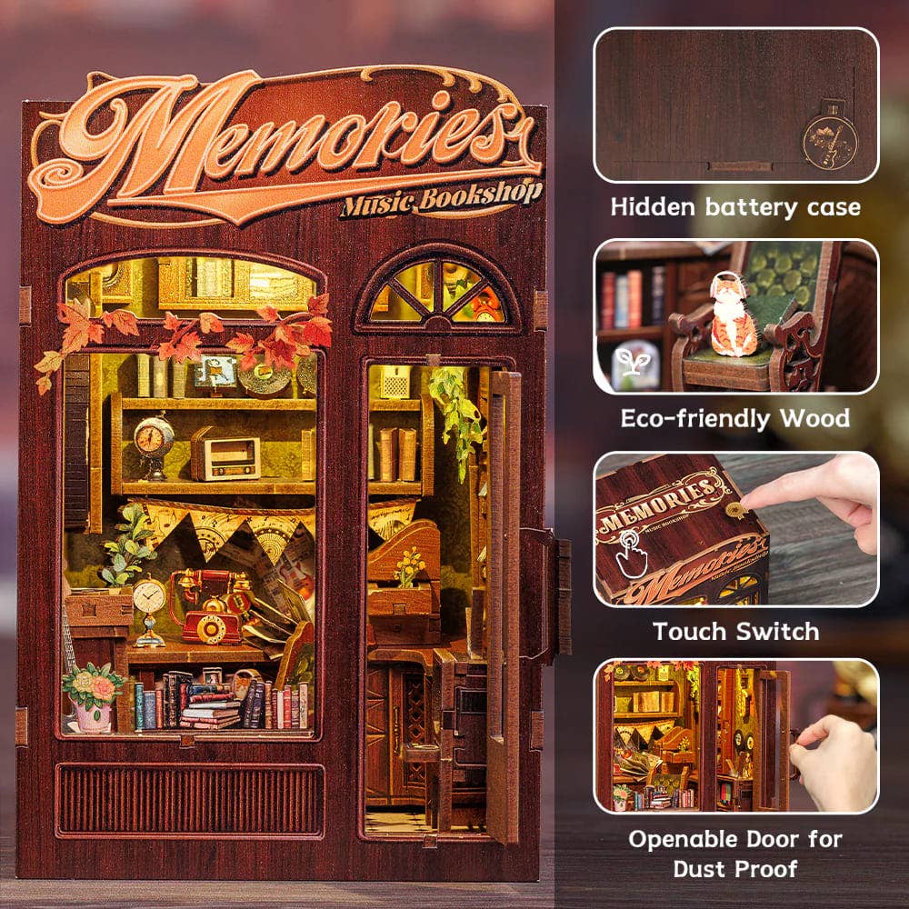 Fermalibri in legno Memories Music Bookshop con luci LED da assemblare