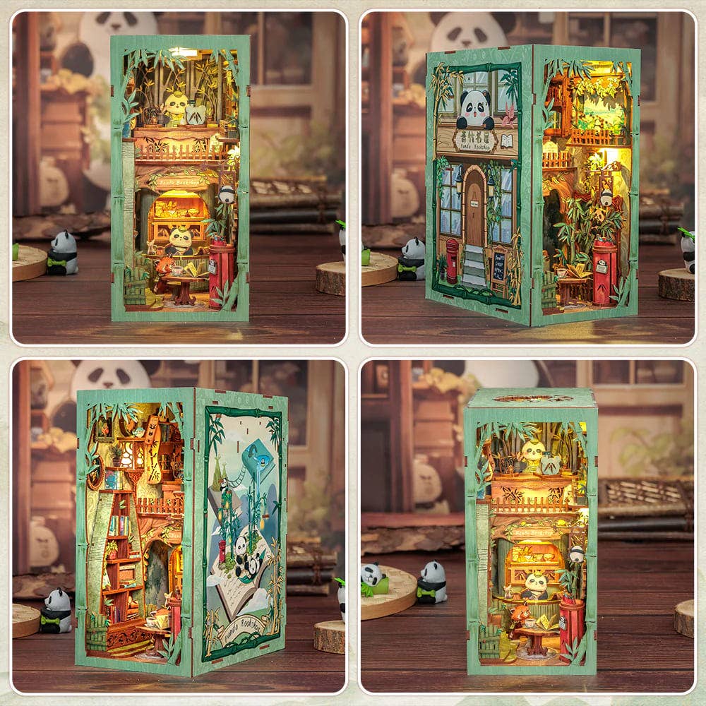 Fermalibri in legno da montare Panda Bookshop con illuminazione LED - CUTEBEE