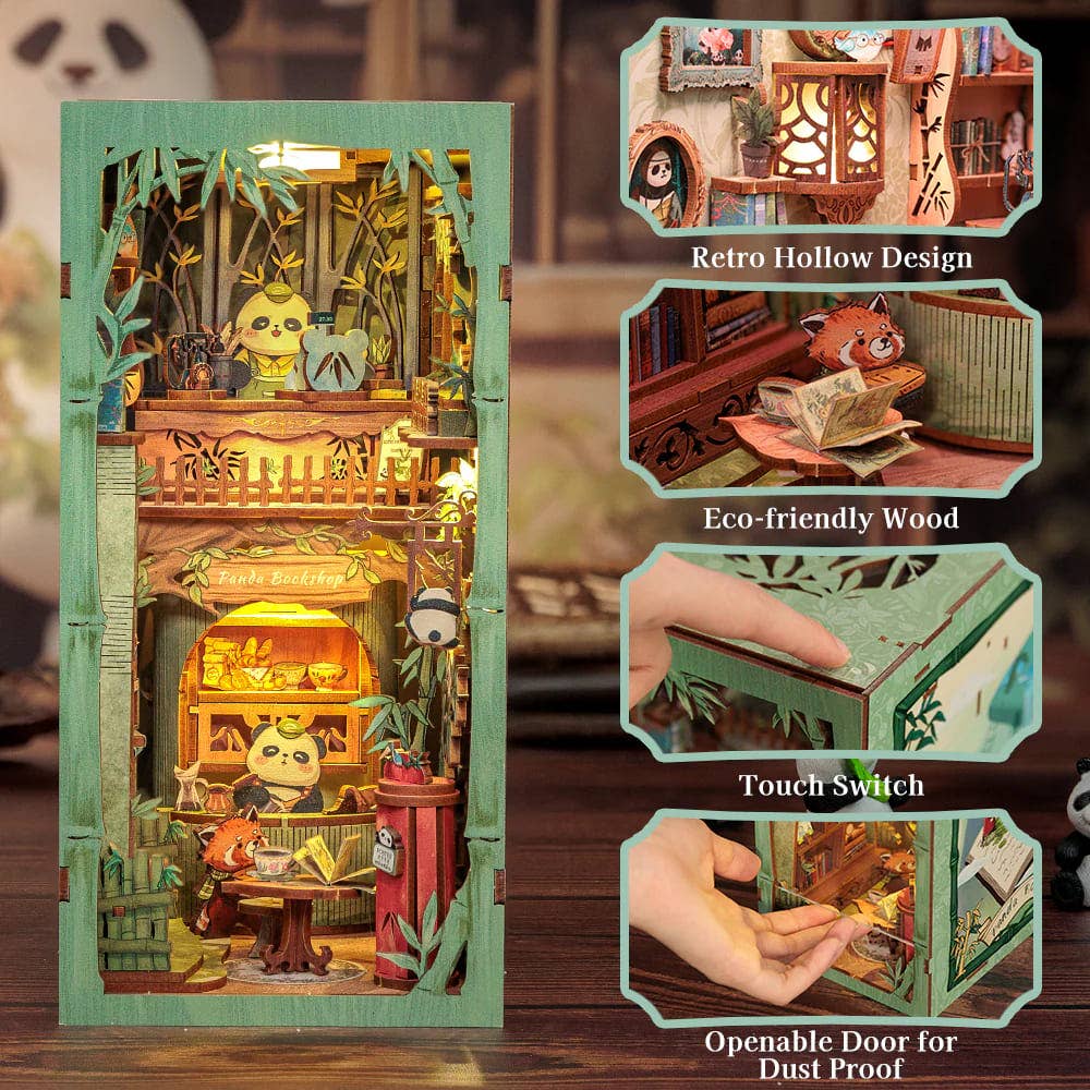 Fermalibri in legno da montare Panda Bookshop con illuminazione LED - CUTEBEE