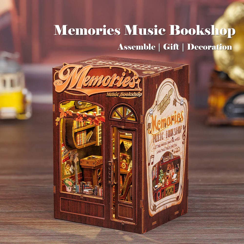 Fermalibri in legno Memories Music Bookshop con luci LED da assemblare