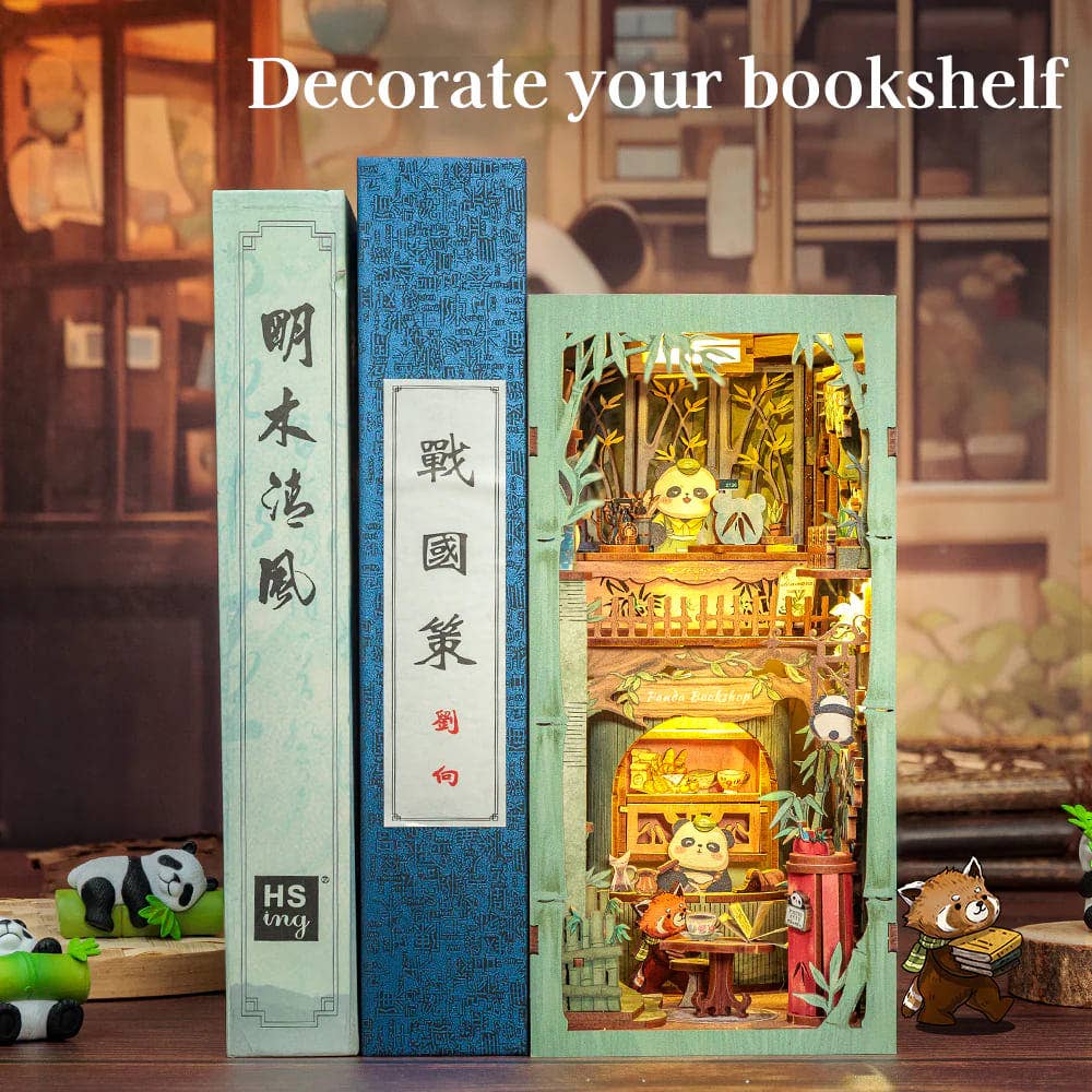 Fermalibri in legno da montare Panda Bookshop con illuminazione LED - CUTEBEE